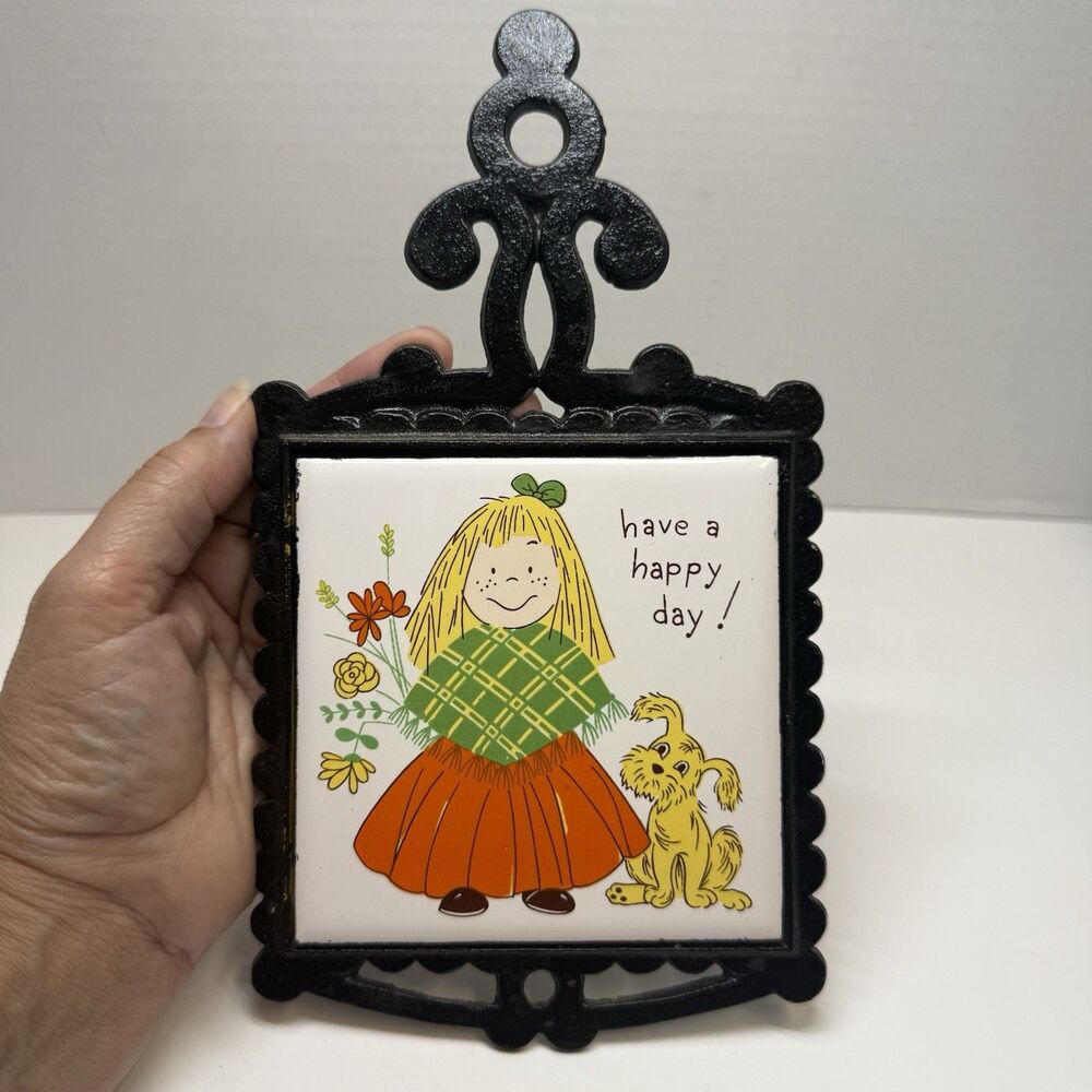 Vintage 70s Cherry Black Cast Iron Girl & Dog Tile Decorative Trivet